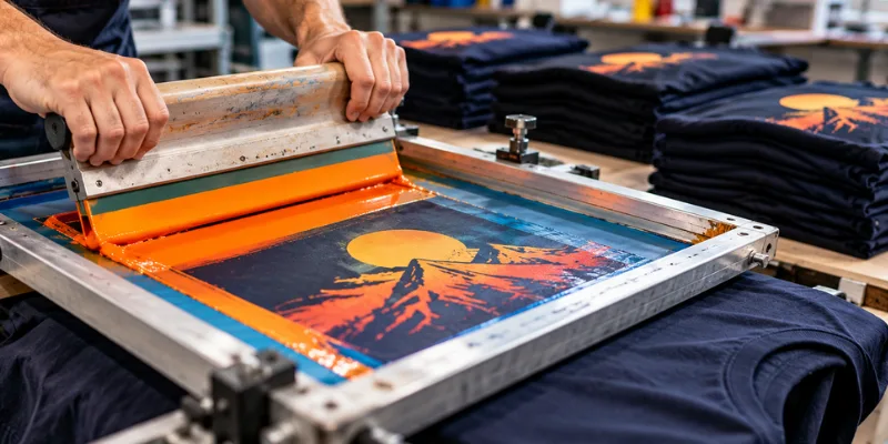 Digital printing vs screen printing showing screen printing on a navy T-shirt and digital printing on paper Caption: