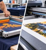Digital printing vs screen printing with close-up of squeegee applying ink through a mesh screen onto a navy T-shirt