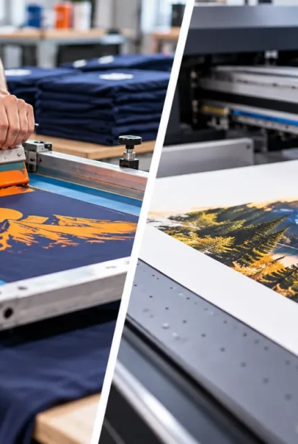 Digital printing vs screen printing with close-up of squeegee applying ink through a mesh screen onto a navy T-shirt