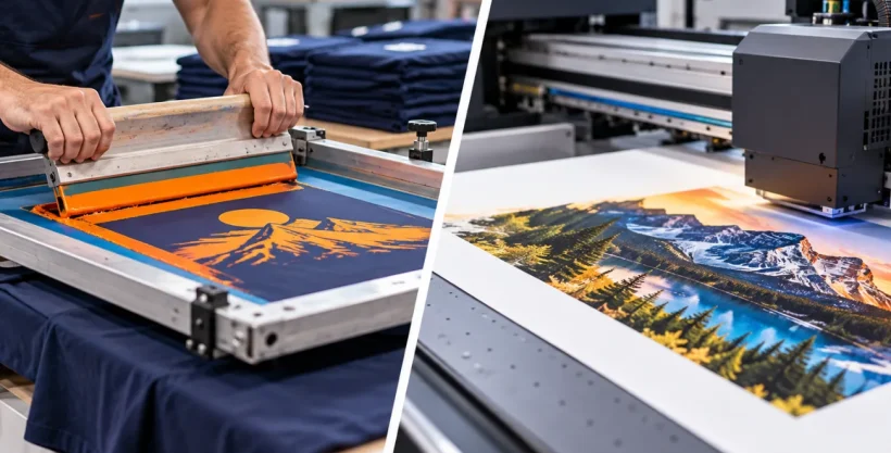 Digital printing vs screen printing with close-up of squeegee applying ink through a mesh screen onto a navy T-shirt