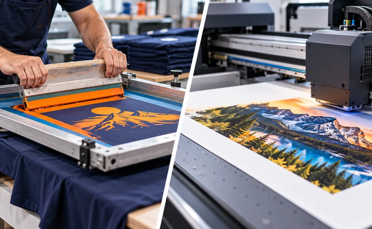 Digital printing vs screen printing with close-up of squeegee applying ink through a mesh screen onto a navy T-shirt