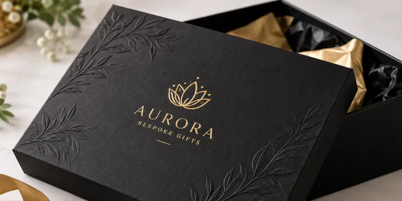 Luxury custom gift box with gold foil finish and embossed texture for premium packaging