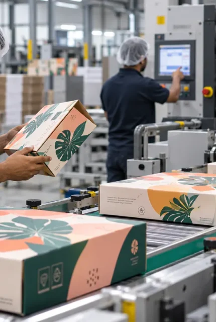 Packaging printing Dubai facility with custom printed cardboard boxes moving through production