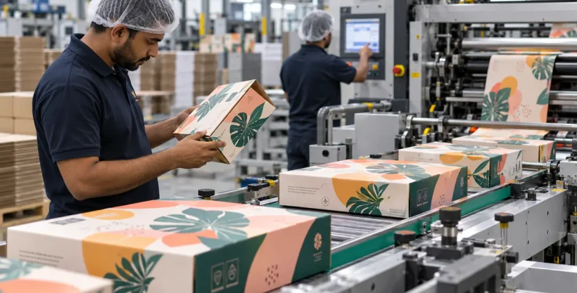 Packaging printing Dubai facility with custom printed cardboard boxes moving through production