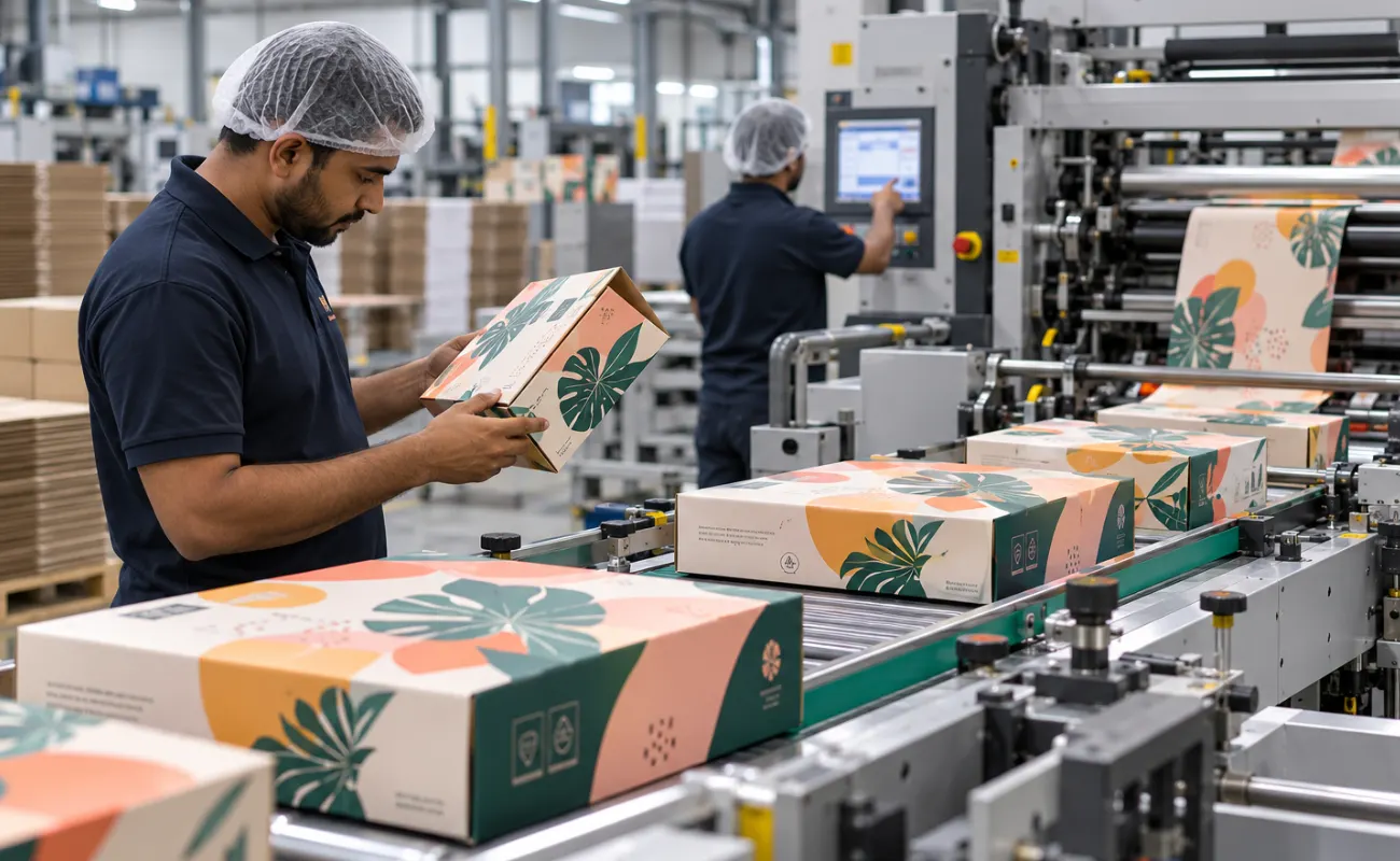 Packaging printing Dubai facility with custom printed cardboard boxes moving through production
