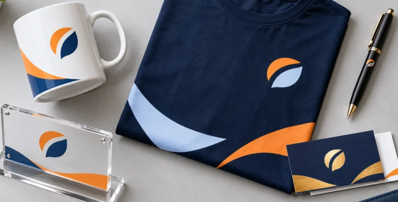 Types of printing and branding methods for promotional products including mugs, T-shirts, pens, acrylic signs, and business cards.
