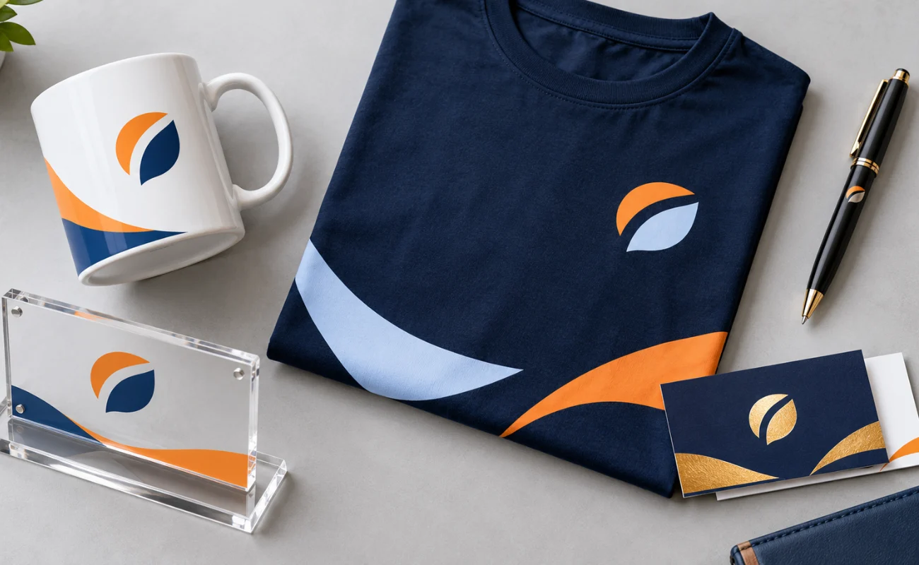 Types of printing and branding methods for promotional products including mugs, T-shirts, pens, acrylic signs, and business cards.