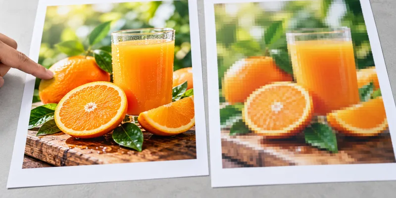 Two printed flyers compared to show how image resolution for printing affects sharpness and high resolution images for print