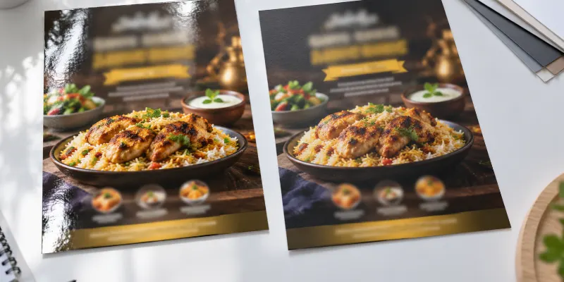 Matte and gloss A4 flyers side by side to help choose the best paper for flyers