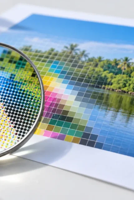 Magnifying glass over a printed A4 sheet showing ink dots, illustrating what is DPI in printing