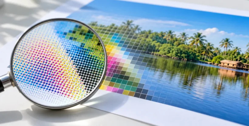 Magnifying glass over a printed A4 sheet showing ink dots, illustrating what is DPI in printing